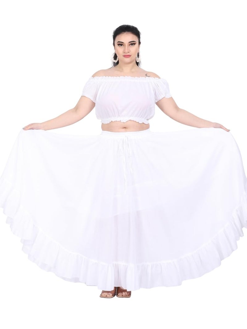Wevez Women's 15 Yard Elastic Waist Flowing Belly Dancing Cotton Long Maxi Skirt for Summer Holiday White - Image 4